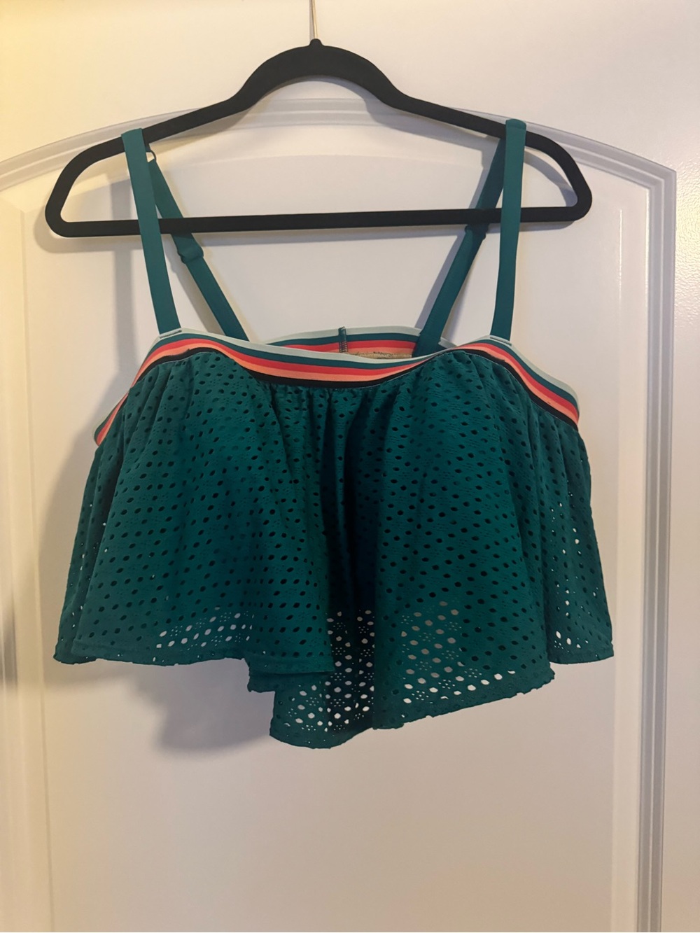 Cacique-Teal Eyelet Ruffle Swim Top
